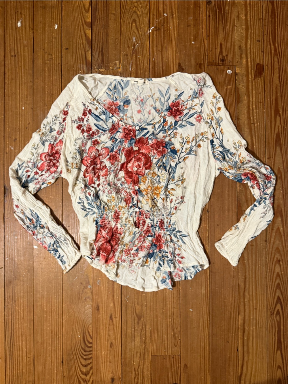 Billabong Cream Long-Sleeve Floral Smocked Top with Red & Blue Blooms
